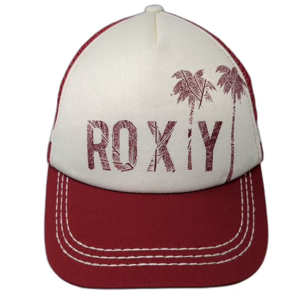 Roxy Trucker Hat Red White OS Snapback Mesh Palm Tree Graphic Contrast Stitch